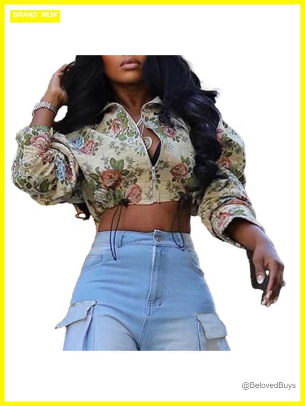 Womens Floral Print Cropped Bomber Jacket Long Sleeve Zipper Vintage Outwear